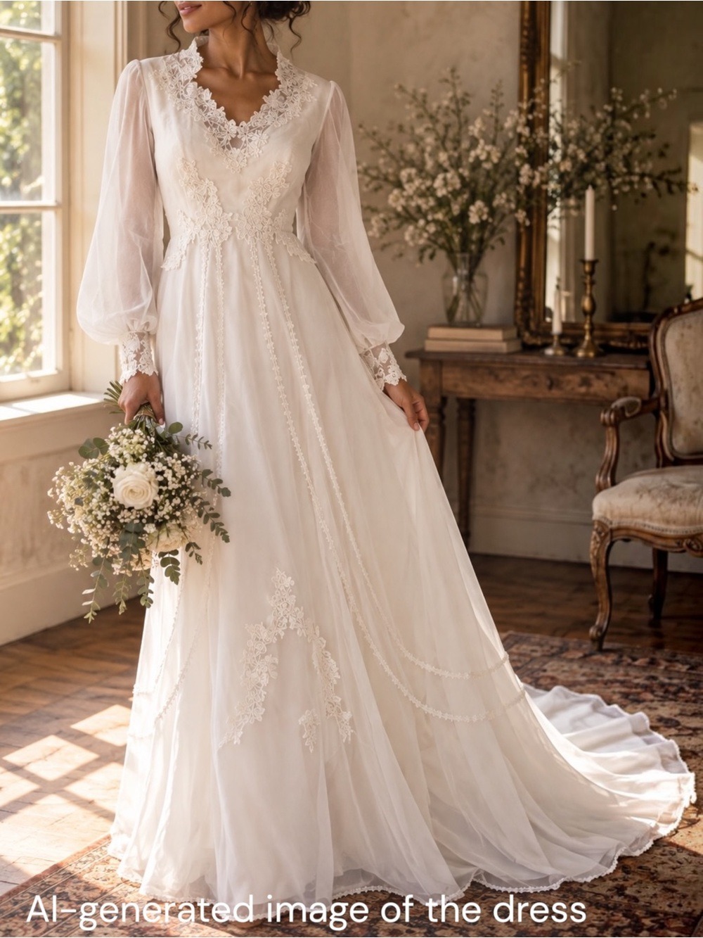 Vintage 1970s Wedding Dress XS/S White Lace Applique Gown Sheer Bishop Sleeve